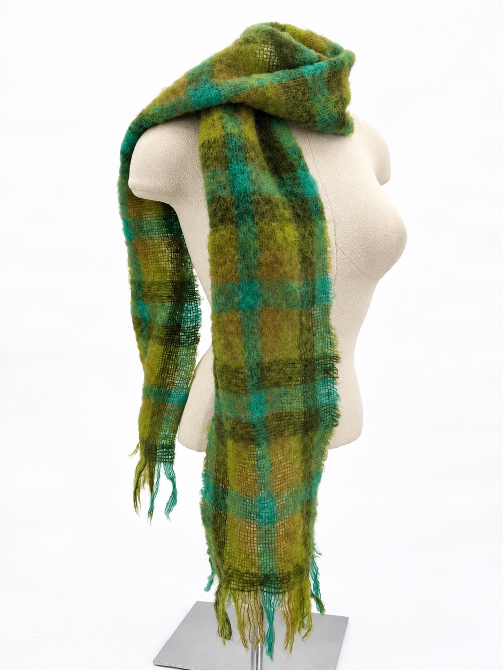 Vintage Scotland Wool Plaid Scarf Green Mohair Fringe Winter